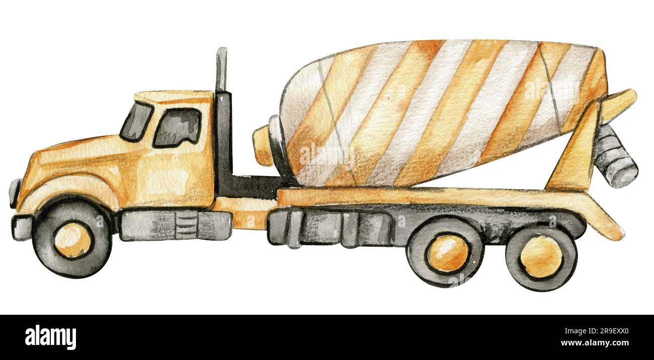 Yellow concrete mixer. Watercolor hand drawn illustration. Perfect for kid posters or stickers. Stock Photo
