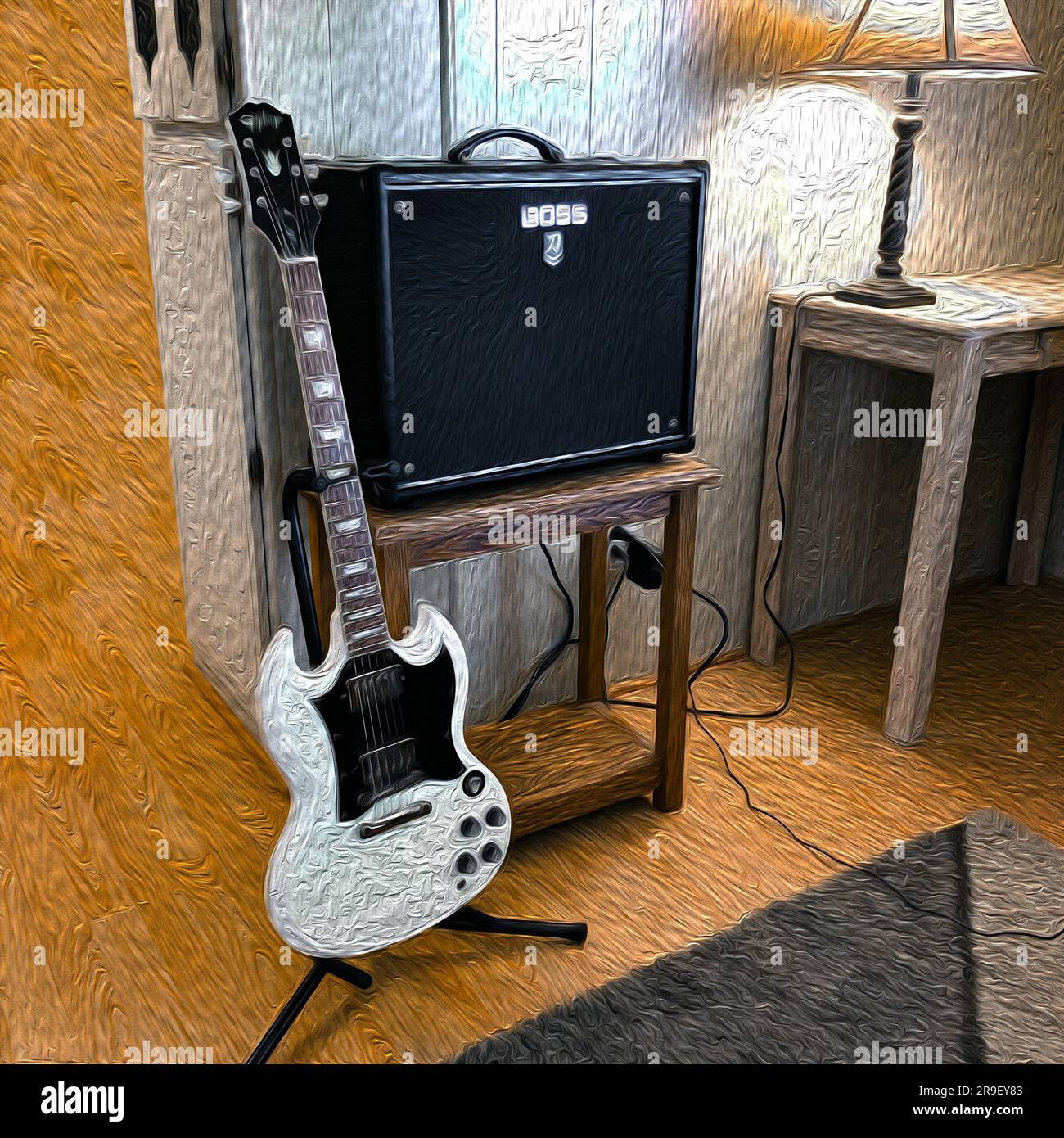 White SG Guitar Digital Oil Painting Stock Photo