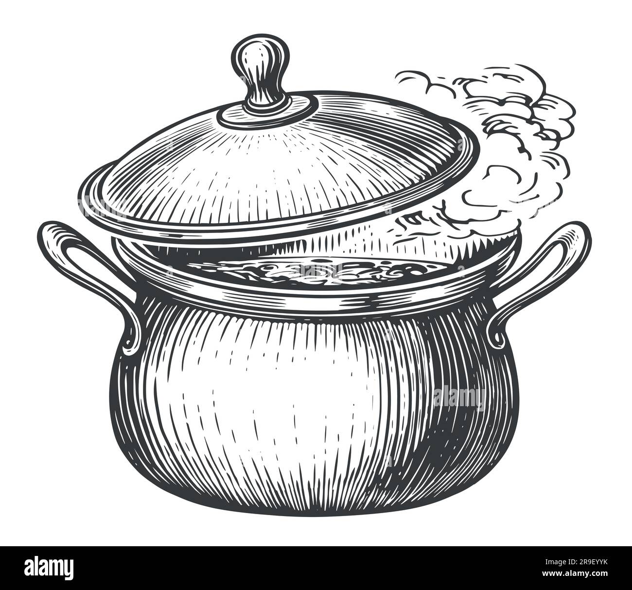 Kitchen pot. Boiling saucepan. Cooking pot with smoke in style of old  engraving. Sketch vector illustration Stock Vector Image & Art - Alamy
