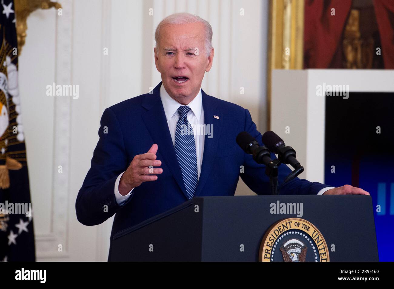 Washington, United States. 26th June, 2023. United States President Joe Biden offers remarks to kick off the next phase of his administration's Investing in America tour with a significant high-speed internet infrastructure announcement in the East Room of the White House in Washington, DC on Monday, June 26, 2023. Photo by Rod Lamkey/UPI Credit: UPI/Alamy Live News Stock Photo