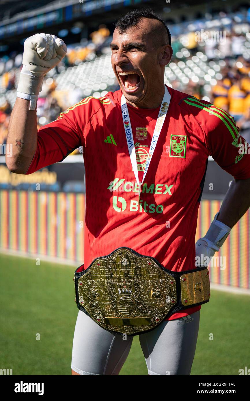 UANL Tigres goalkeeper Nahuel Guzmán (1) after winning the Campeón de Campeones Liga MX match against Pachuca, Sunday, June 25, 2023, at the Dignity H Stock Photo