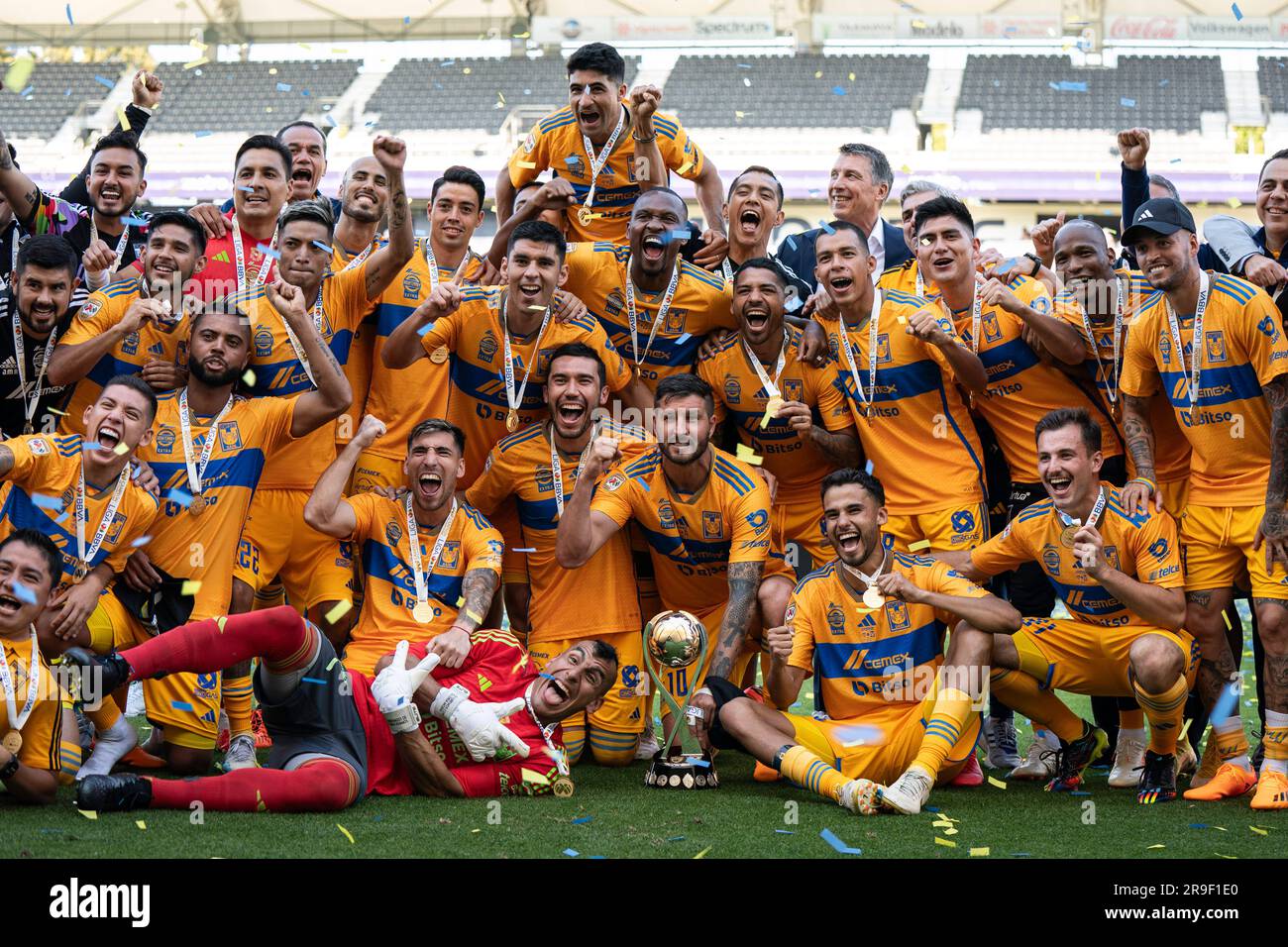 UANL Tigres celebrate a Campeón de Campeones Liga MX match victory against Pachuca, Sunday, June 25, 2023, at the Dignity Health Sports Park, in Carso Stock Photo