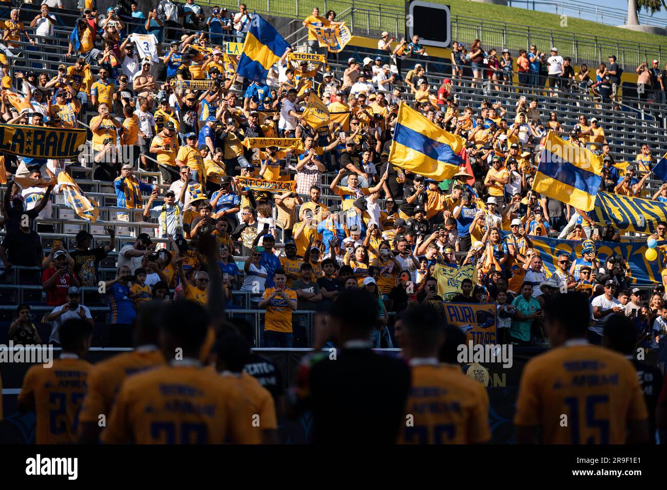 UANL Tigres fans celebrate a Campeón de Campeones Liga MX match victory against Pachuca, Sunday, June 25, 2023, at the Dignity Health Sports Park, in Stock Photo