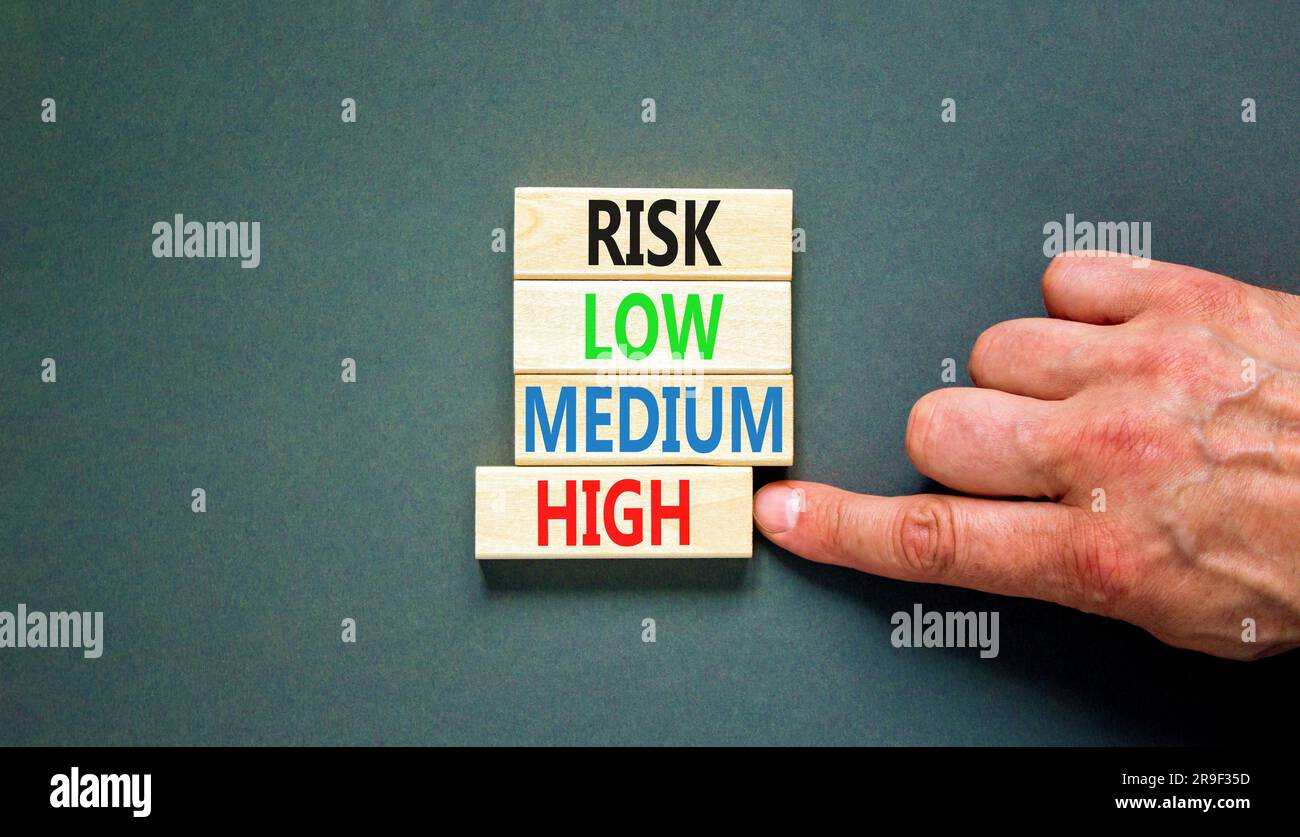 Grey Risk Background Time to high risk symbol. Concept word Risk low medium high on wooden ...