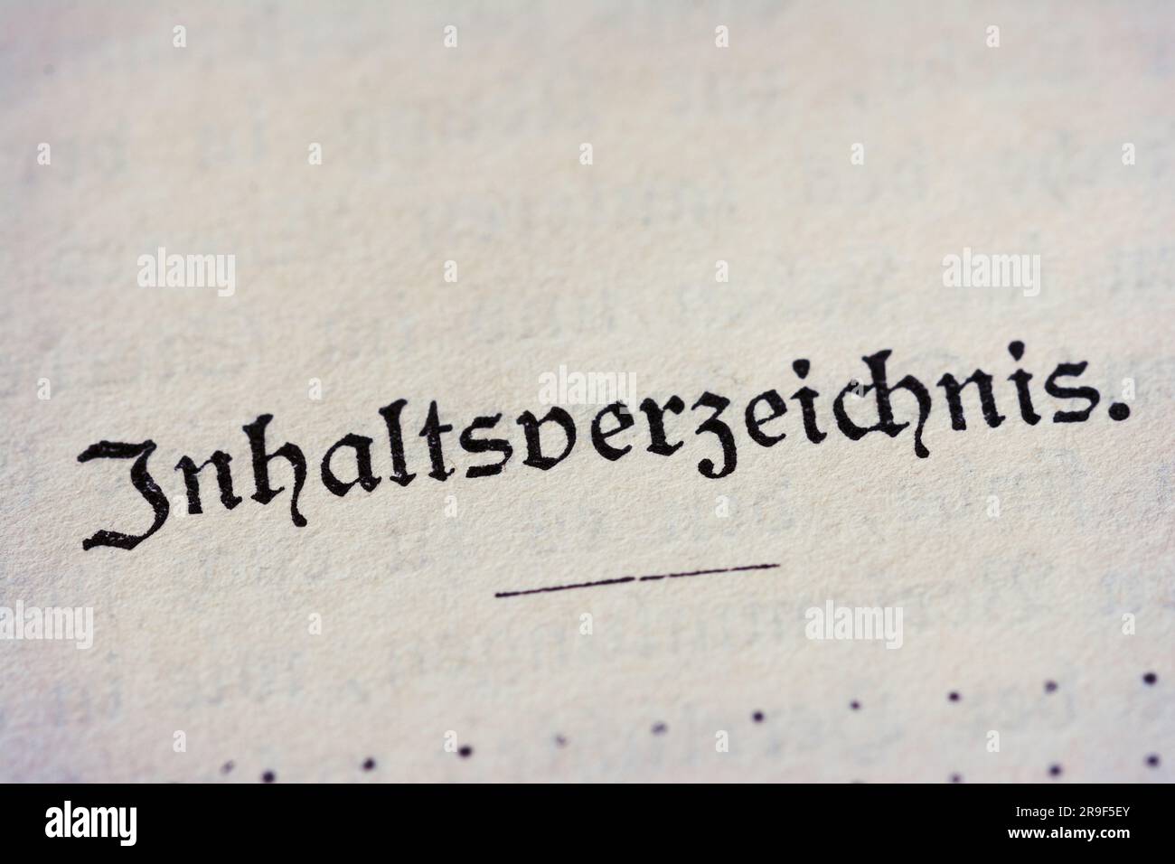 Page from an old book with the German word 'Inhaltsverzeichnis' (Contents) written in Fraktur Stock Photo