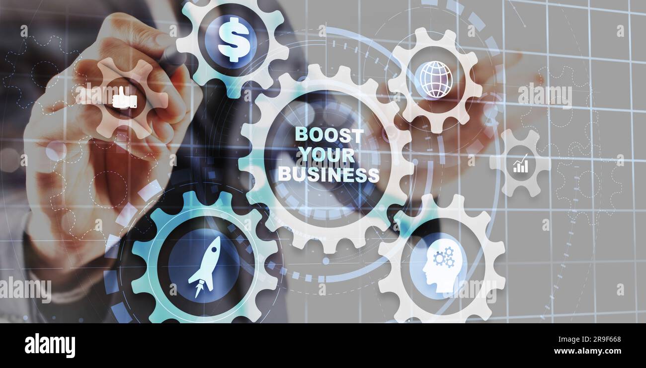 Boost your business on Virtual screen Gears. Business Technology Internet and network concept. Stock Photo