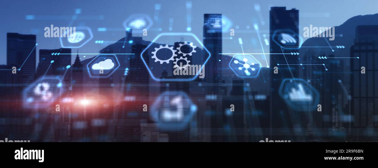 Gear icons on modern city background. Business concept for software technology automation system. Stock Photo