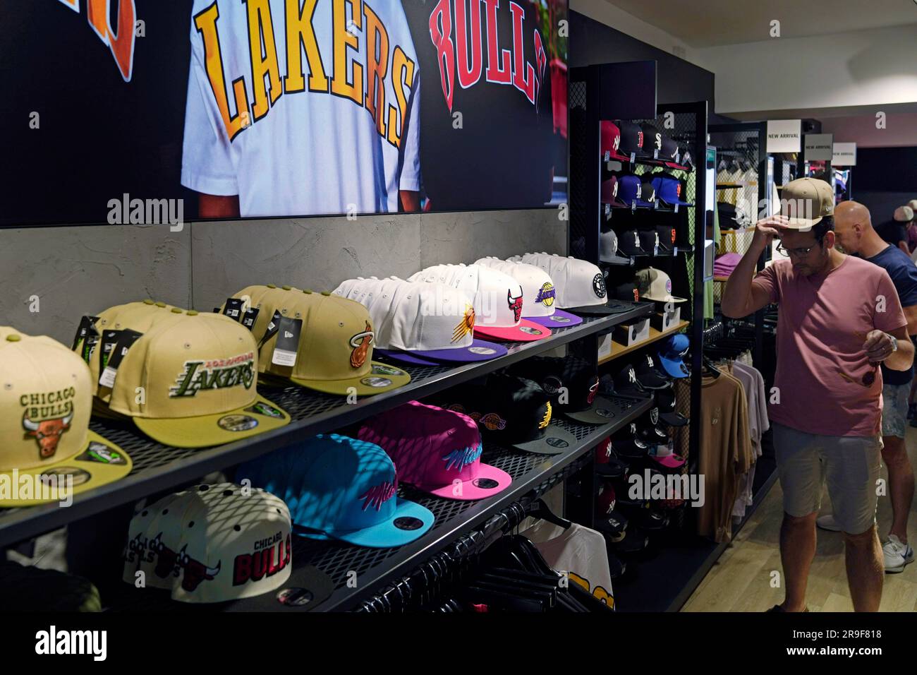Caps are displayed for sale at a store in London, Thursday, June 15, 2023.  Major League Baseball wants to grow in Europe and is looking for ways to  connect with the local
