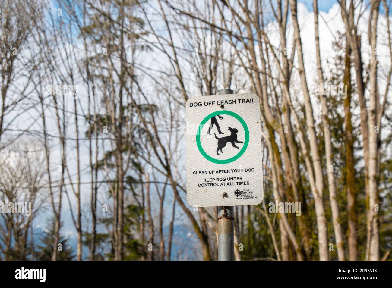 Burnaby CANADA Mar 8 2023 A sign DOG OFF LEASH TRAIL by the