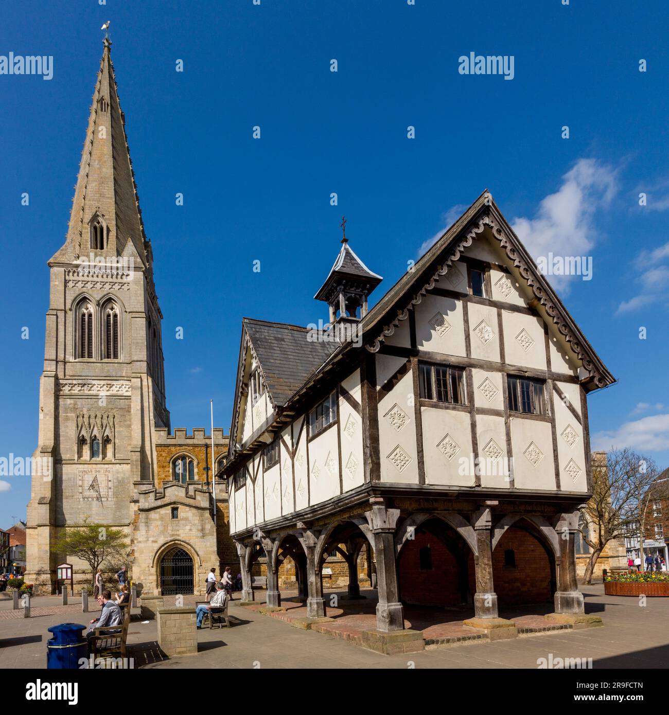 The Old Grammar School and St Dionysius Church, Market Harborough, Leicestershire, England, UK Stock Photo