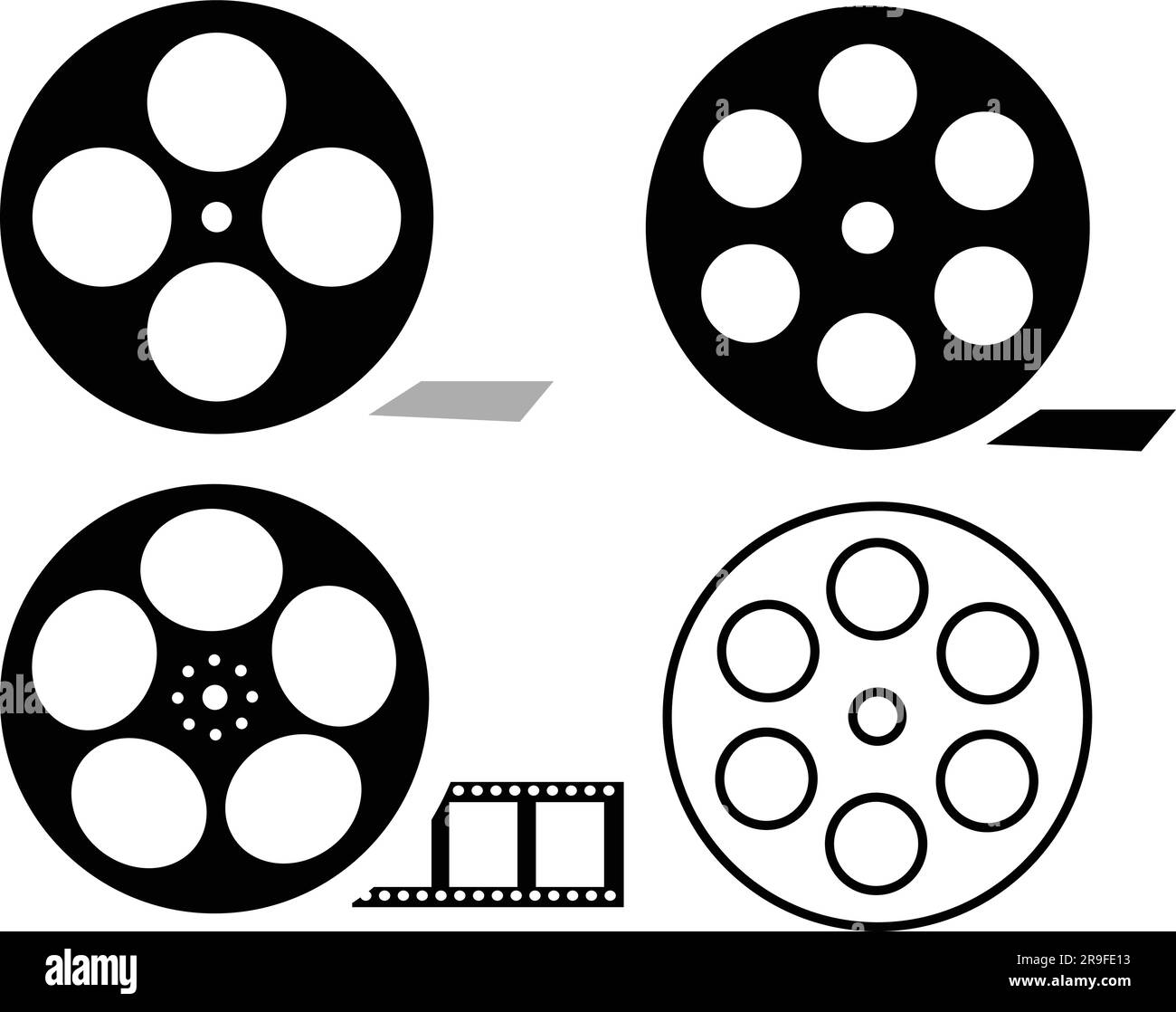 Film reel and twisted old cinema tape set. Film reel movie icon collection. Old retro reel with film strip, Film recorder tape group Stock Vector