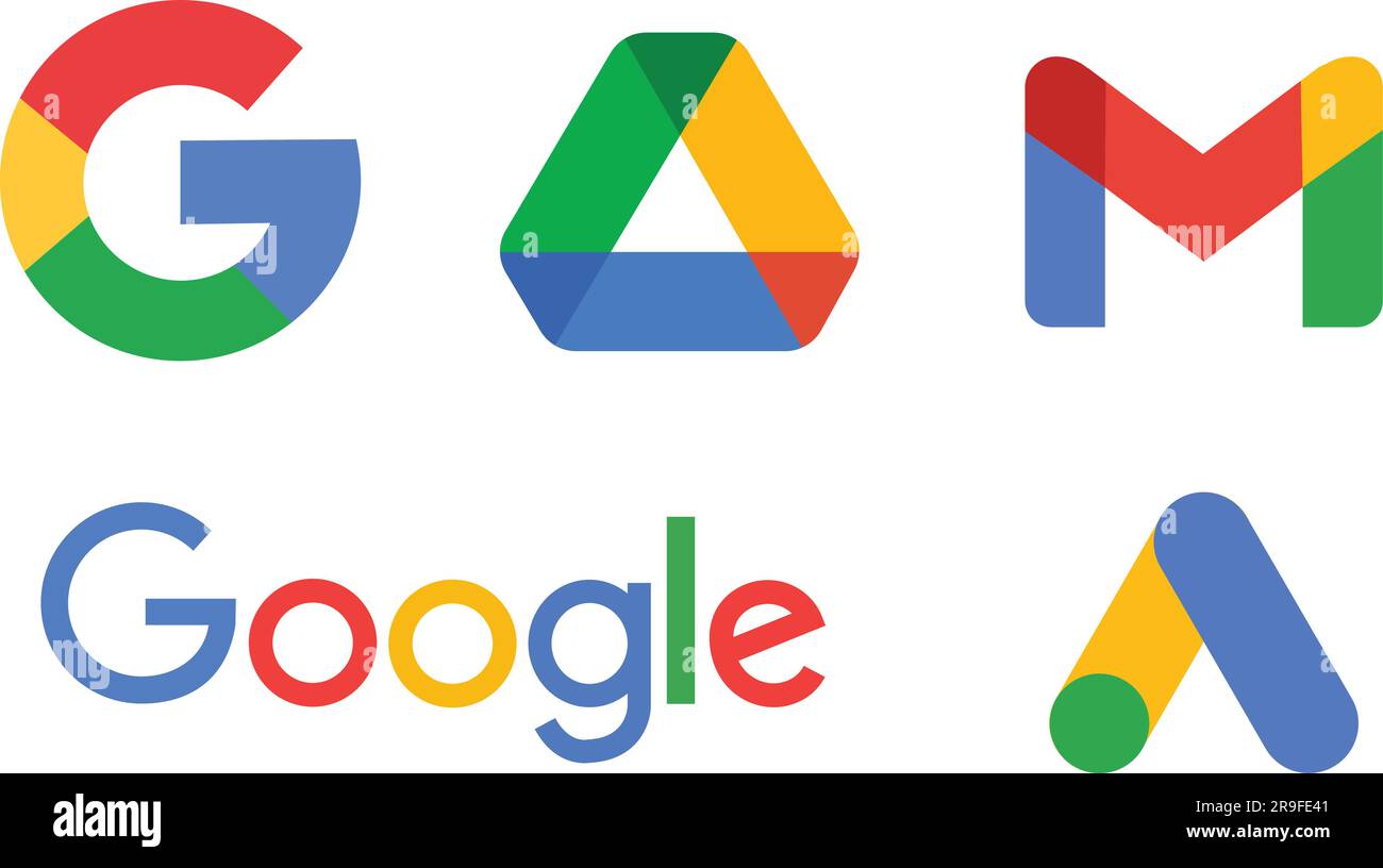 Google app logo drive, Gmail, google ads set on transparent background. Popular search engine google logotype symbol icon. Google sign stock vector Stock Vector
