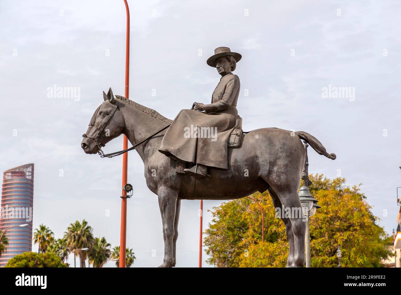 Seville, Spain-FEB 24, 2022: Equestrian statuette of Princess Maria de las Mercedes of Bourbon - Two Sicilies, Countess of Barcelona, located in Sevil Stock Photo