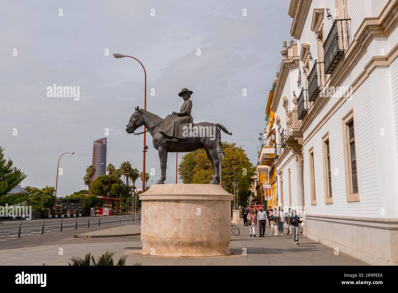 Seville, Spain-FEB 24, 2022: Equestrian statuette of Princess Maria de las Mercedes of Bourbon - Two Sicilies, Countess of Barcelona, located in Sevil Stock Photo