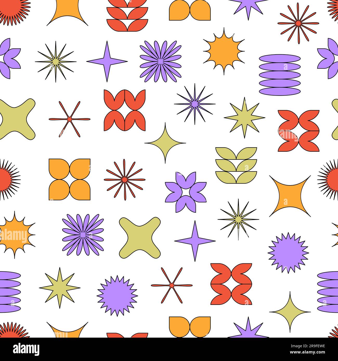 Vector seamless pattern with abstract colorful minimalistic patchwork geometric elements. Contemporary simple various shapes, curves, lines, zigzag. P Stock Vector