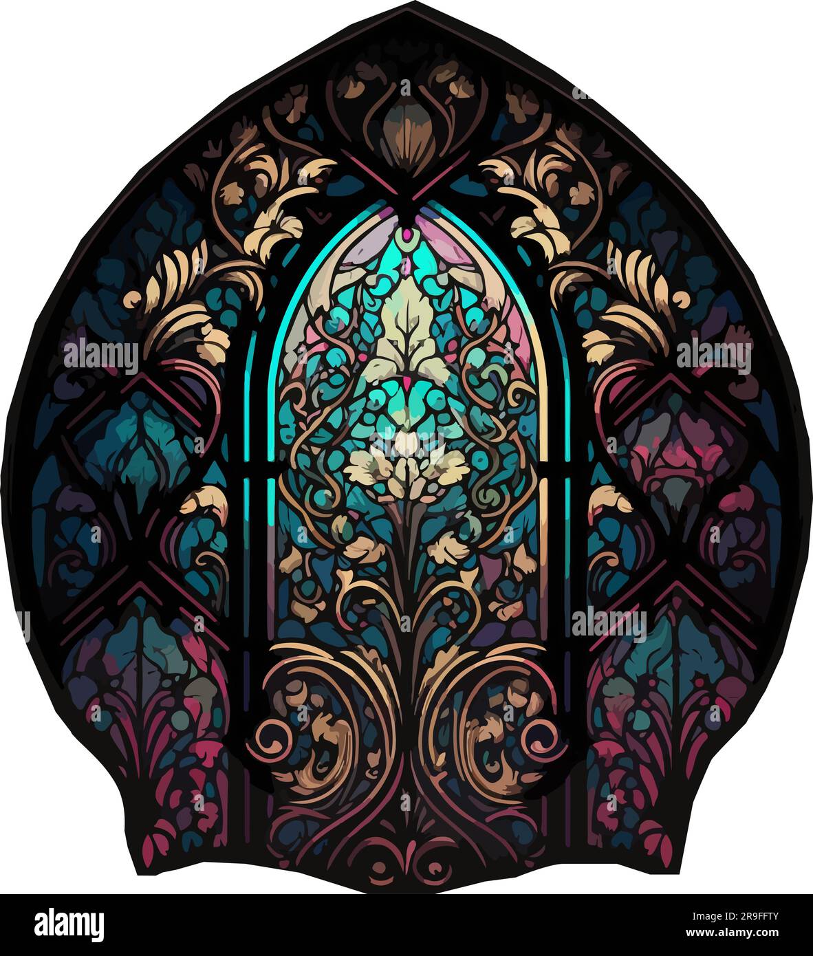 Stained glass floral window, arched shape, dark background Stock Vector