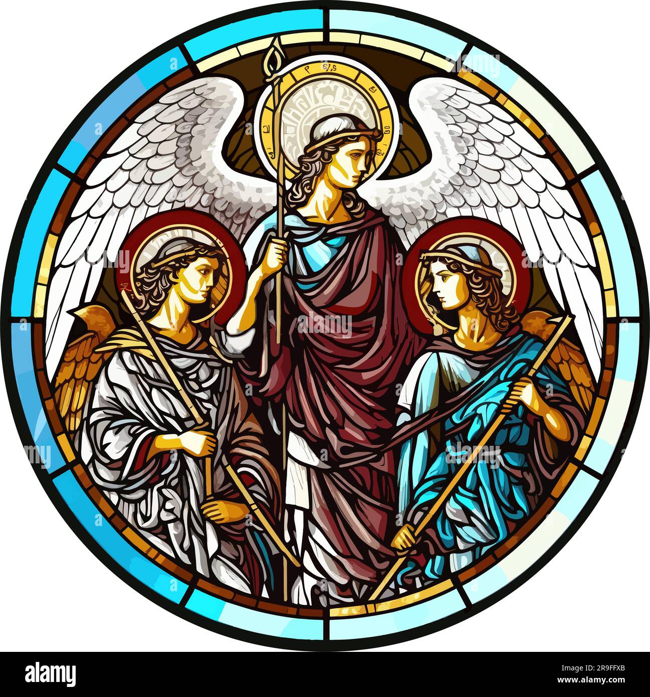 Archangel grouping, Raphael, Gabriel, and Michael- stained glass round window Stock Vector