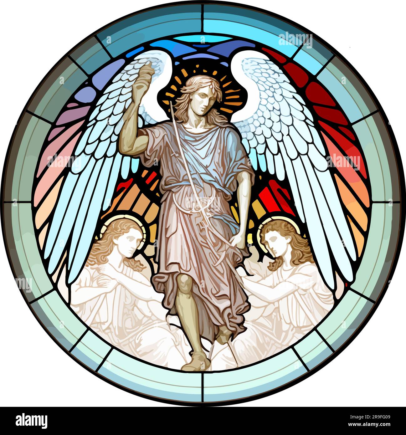 Archangel grouping, Raphael, Gabriel, and Michael- stained glass round window Stock Vector