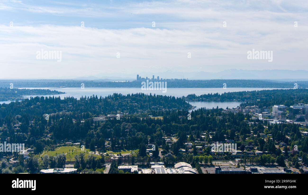 Drone photography of the Bellevue and Seattle, Washington skylines in June 2023 Stock Photo
