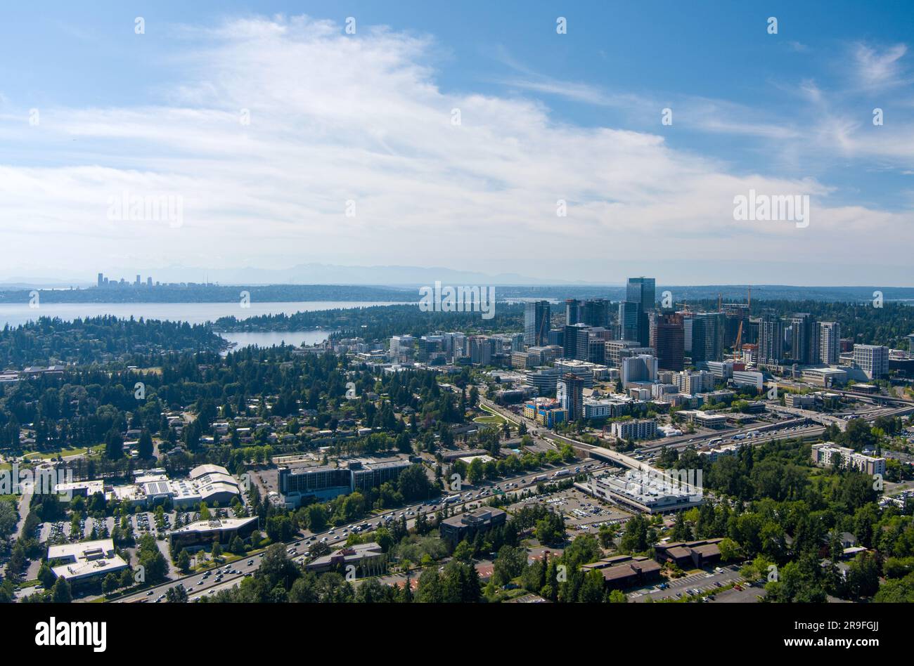 Drone photography of the Bellevue and Seattle, Washington skylines in June 2023 Stock Photo