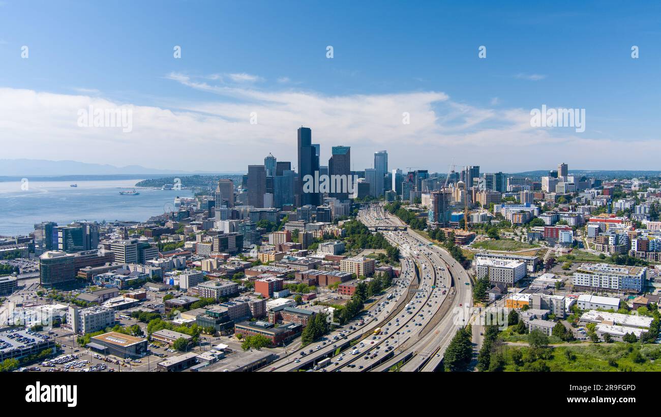 Drone photography of the Seattle, Washington downtown skyline in June