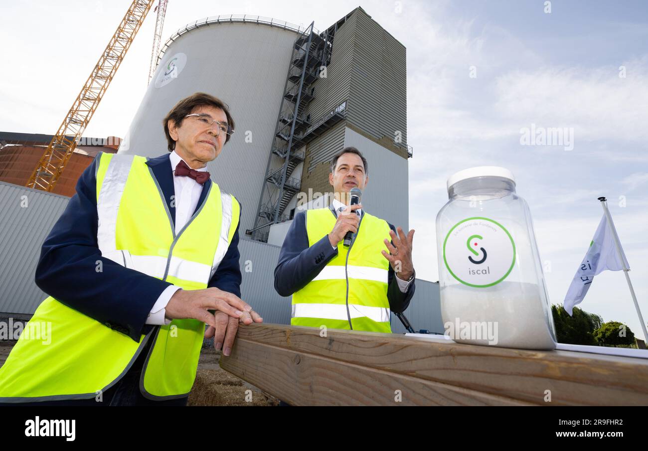Fontenoy, Belgium. 26th June, 2023. Walloon Minister President Elio Di Rupo and Prime Minister Alexander De Croo pictured during the inauguration of the new sugar silo of 80,000 tonnes at the Sucrerie de Fontenoy site of Iscal Sugars, on Monday 26 June 2023. On the occasion of the 30th anniversary of the Fontenoy sugar factory and the 20th anniversary of the group, Iscal, one of the main Belgian players in sugar production, inaugurates its new 80,000 tonne sugar silo. BELGA PHOTO BENOIT DOPPAGNE Credit: Belga News Agency/Alamy Live News Stock Photo