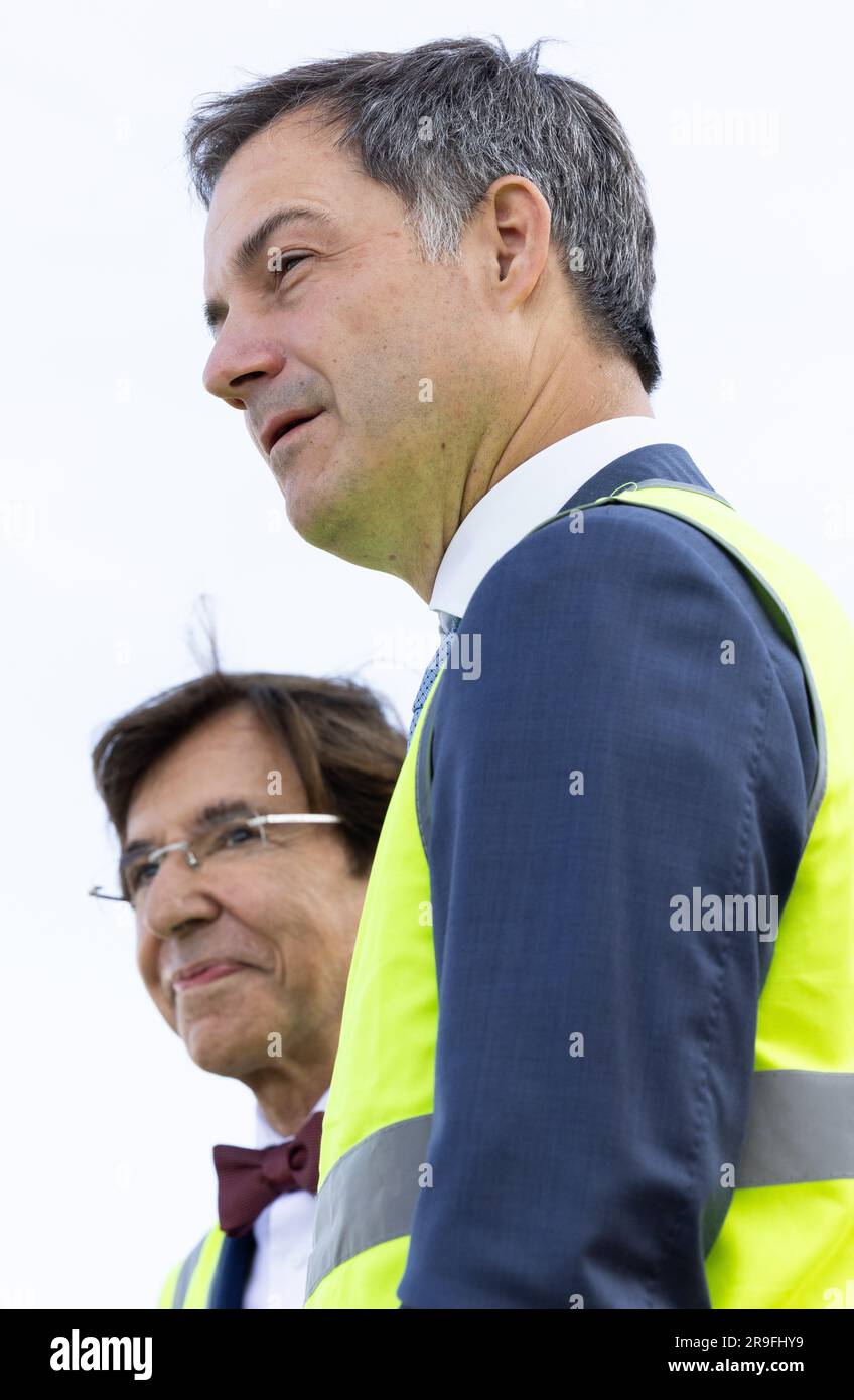 Fontenoy, Belgium. 26th June, 2023. Walloon Minister President Elio Di Rupo and Prime Minister Alexander De Croo pictured during the inauguration of the new sugar silo of 80,000 tonnes at the Sucrerie de Fontenoy site of Iscal Sugars, on Monday 26 June 2023. On the occasion of the 30th anniversary of the Fontenoy sugar factory and the 20th anniversary of the group, Iscal, one of the main Belgian players in sugar production, inaugurates its new 80,000 tonne sugar silo. BELGA PHOTO BENOIT DOPPAGNE Credit: Belga News Agency/Alamy Live News Stock Photo