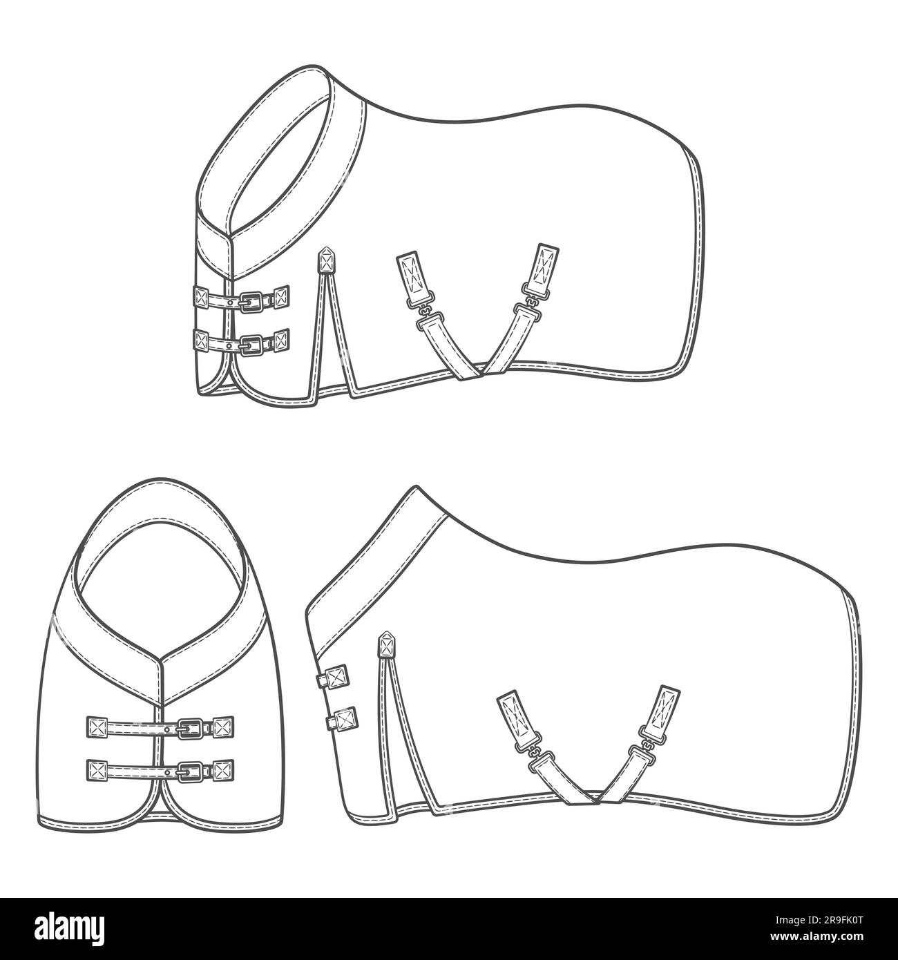 Set of black and white illustrations with horse blanket, horsecloth