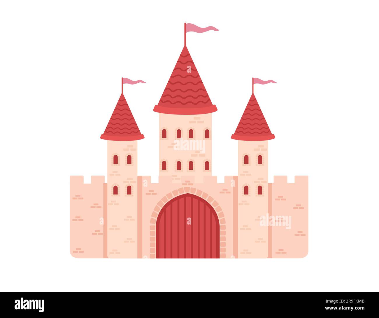 Fantasy medieval stone castle with towers gate and flags red color ...