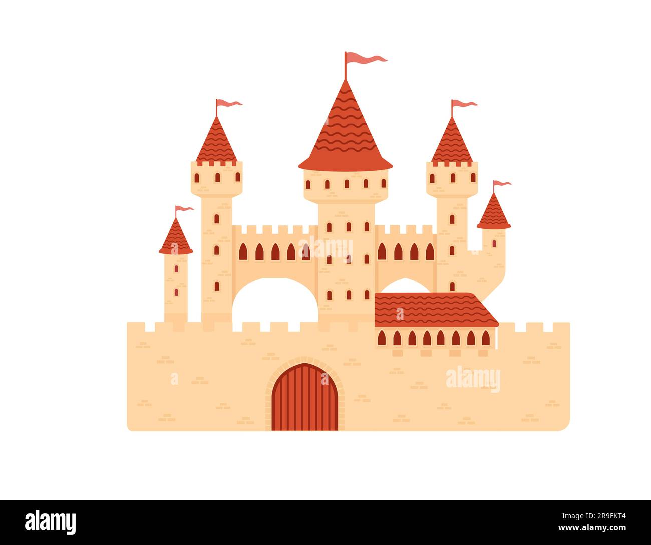 Fantasy medieval stone castle with towers gate and flags red color ...