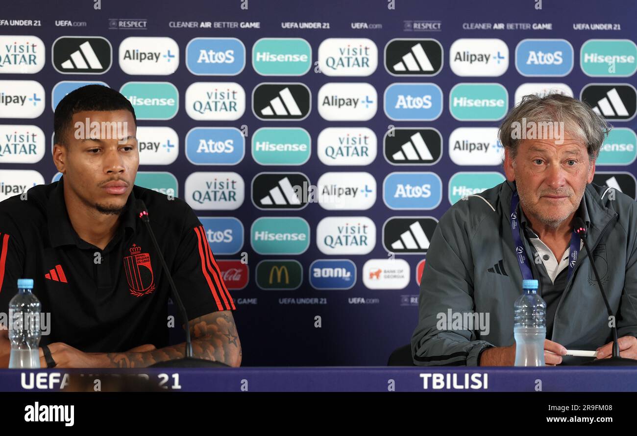 Tbilisi, Georgia. 26th June, 2023. Belgium's Aster Vranckx and Belgium's U21 head coach Jacky Mathijssen pictured during a press conference of the Belgian national team at the UEFA Under21 European Championships, in Tbilisi, Georgia, Monday 26 June 2023. The UEFA Under21 European Championships take place from 21 June to 08 July in Georgia and Romania. BELGA PHOTO BRUNO FAHY Credit: Belga News Agency/Alamy Live News Stock Photo
