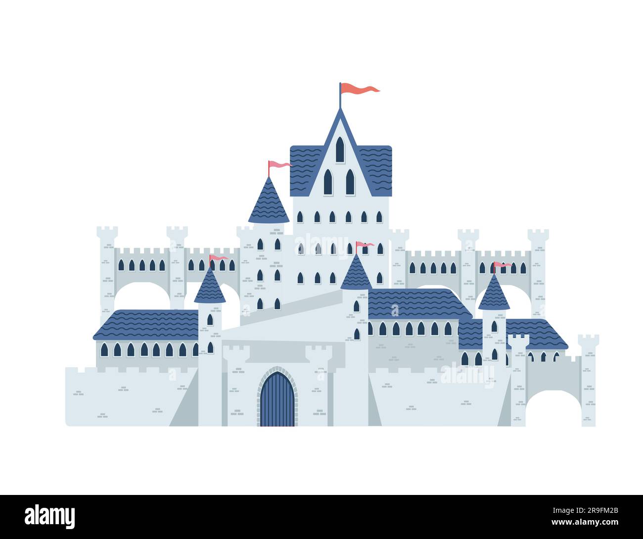Fantasy medieval stone castle with towers gate and flags blue color ...