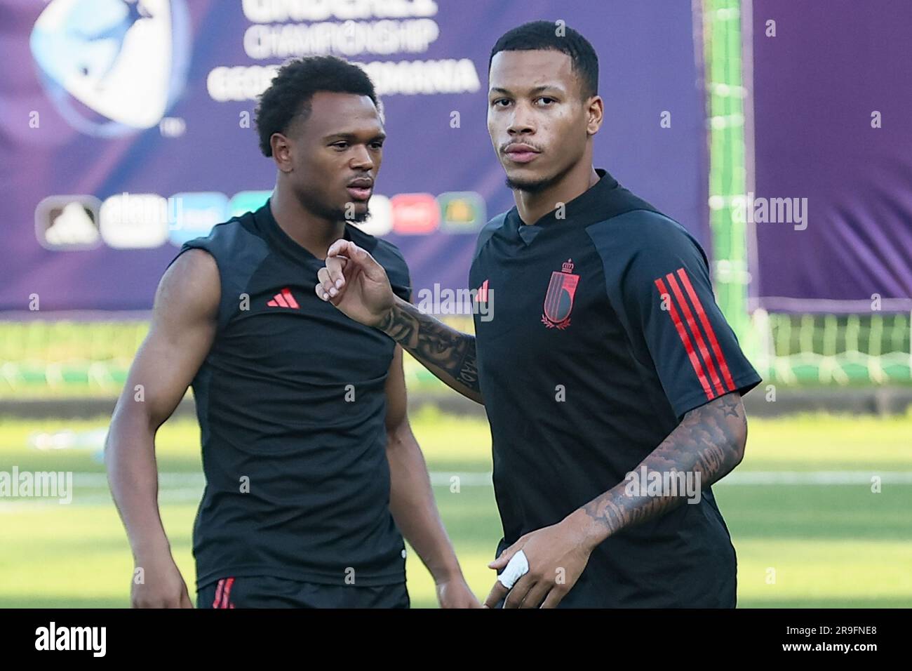 Tbilisi, Georgia. 26th June, 2023. Belgium's Lois Openda and Belgium's Aster Vranckx pictured during a training session of the Belgian U21 national soccer team at the UEFA Under21 European Championships, in Tbilisi, Georgia, Monday 26 June 2023. The UEFA Under21 European Championships take place from 21 June to 08 July in Georgia and Romania. BELGA PHOTO BRUNO FAHY Credit: Belga News Agency/Alamy Live News Stock Photo