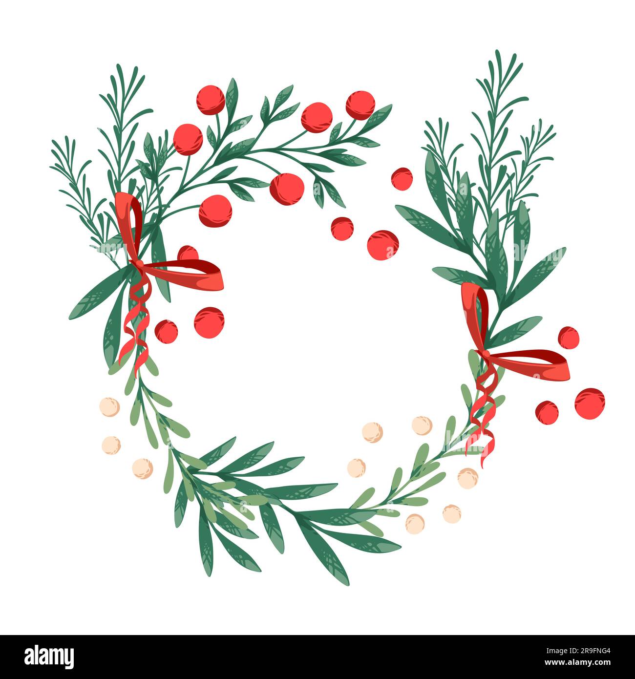 Merry Christmas wreath mistletoe with red berries vector illustration ...