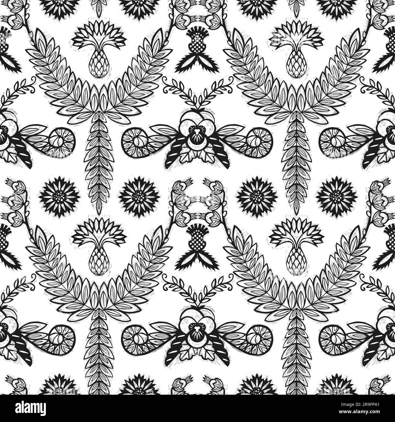 Spear Thistle Linocut Block Print Wild Flower Black and White Floral  Artwork 