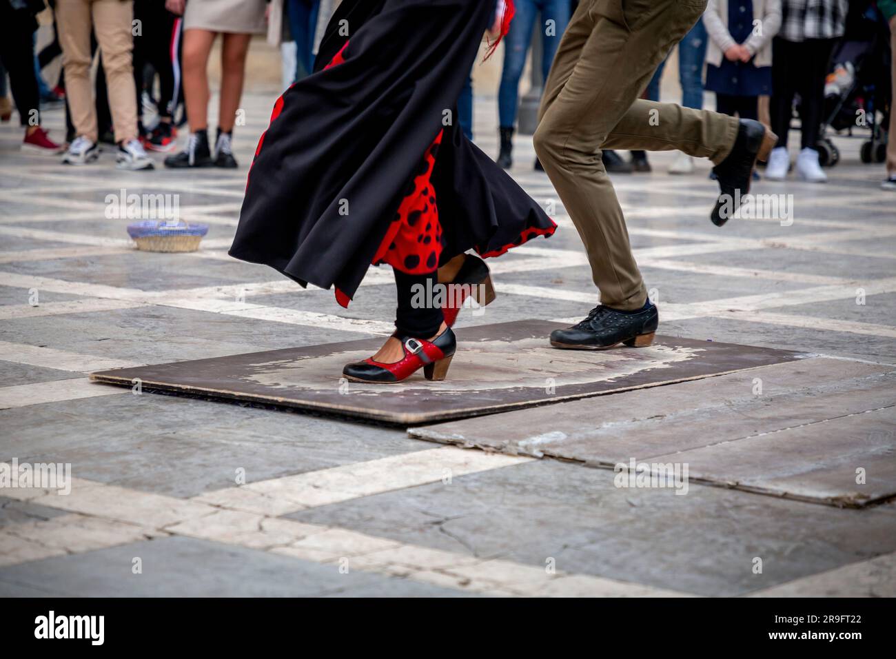Group of Gypsy artists performing flamenco art in the street in Granada, Andalucia, Spain. Stock Photo