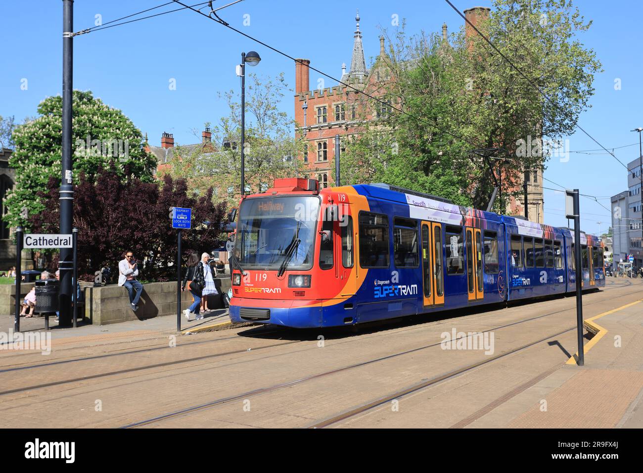 The Sheffield Supertram at the Cathedral stop in the city, part of a network covering Sheffield & Rotherham, South Yorkshire, UK Stock Photo