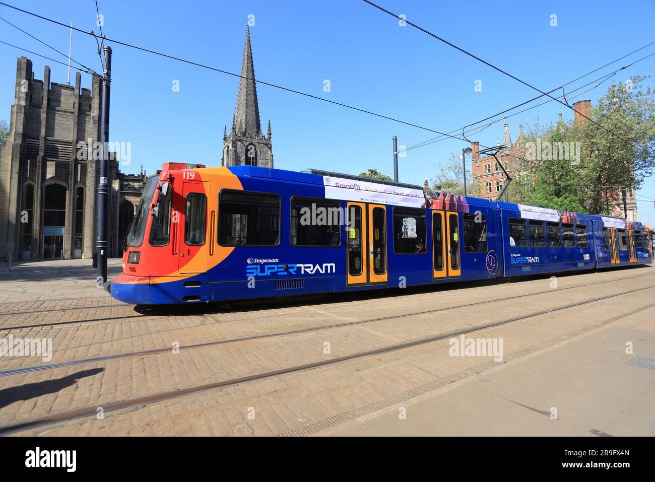 The Sheffield Supertram at the Cathedral stop in the city, part of a network covering Sheffield & Rotherham, South Yorkshire, UK Stock Photo