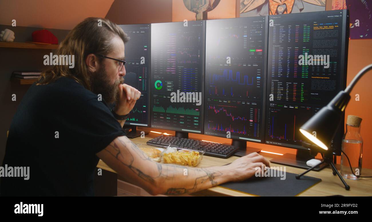 Concentrated trader watches real-time stocks, exchange market charts on  multi-monitor computer workstation, types on keyboard. Man works remotely  in investment at home office. Cryptocurrency trading Stock Photo - Alamy