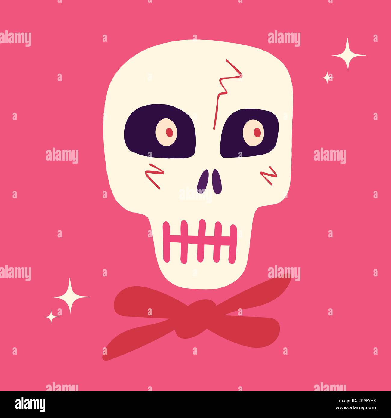 Cute creepy skull with funny face. Halloween Illustration in a modern childish hand-drawn style Stock Vector