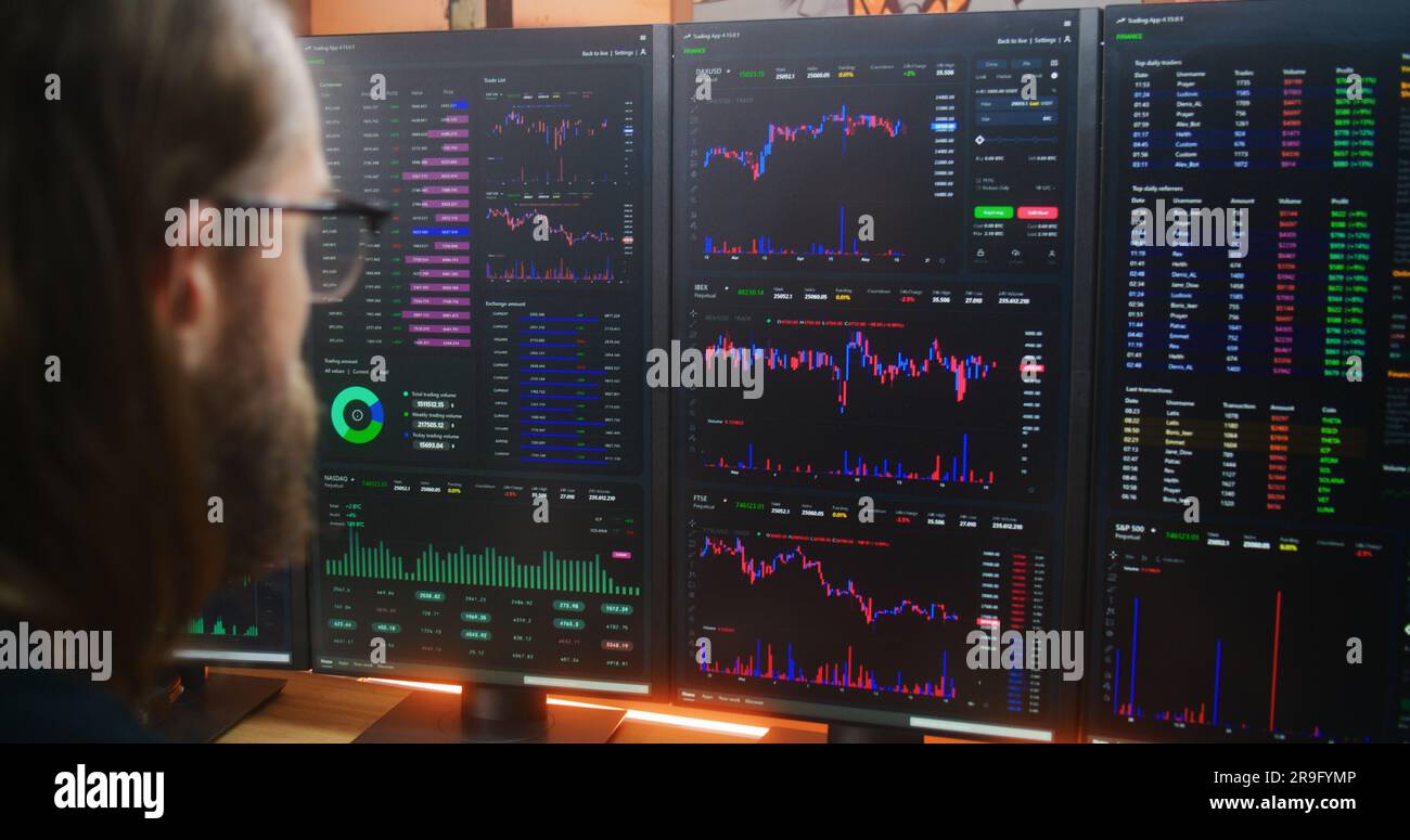 Cryptocurrency investors analyzing market charts on multiple screens