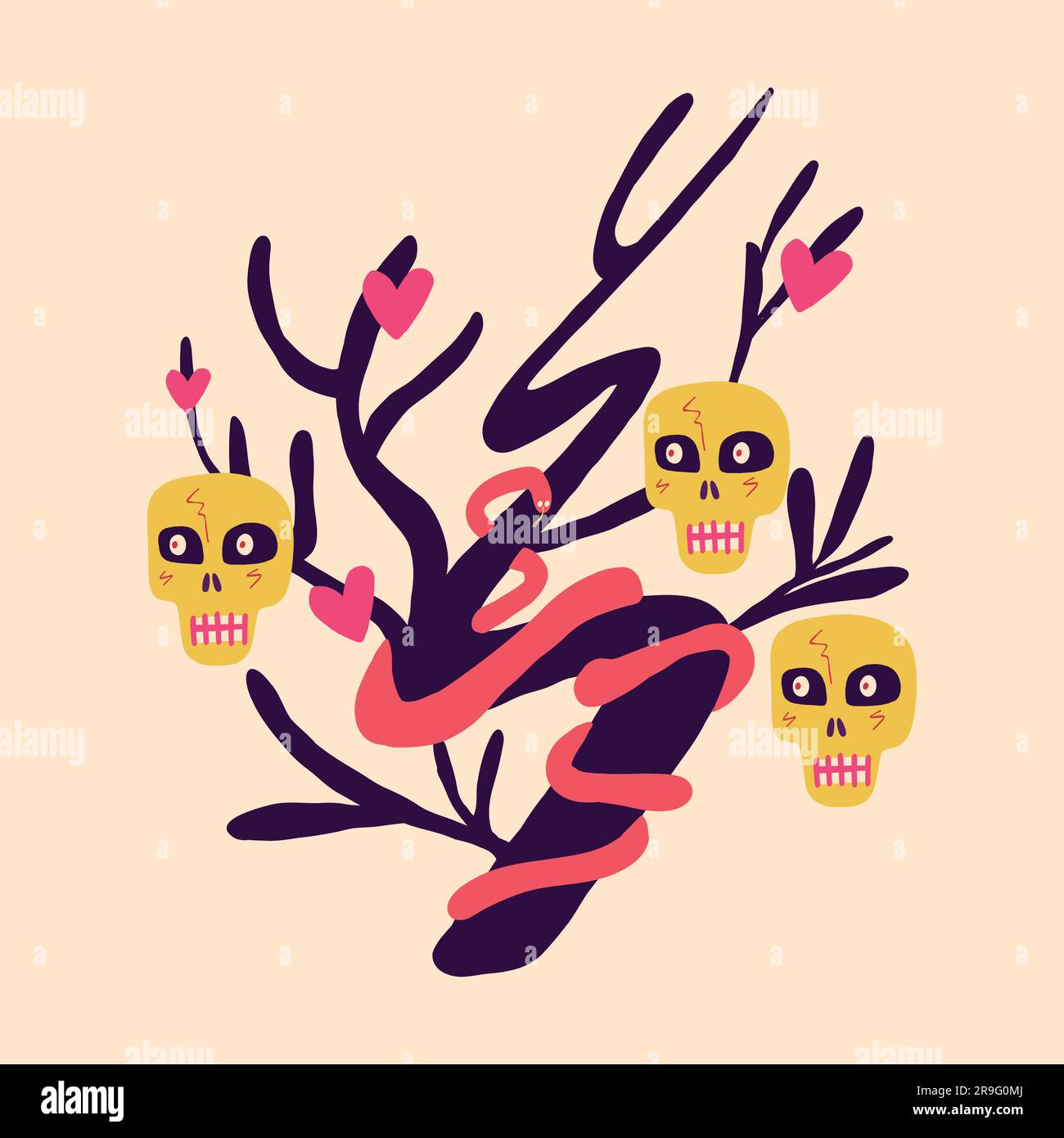 a tree with skulls and snakes and hearts. Halloween trendy illustration in modern hand drawn style Stock Vector