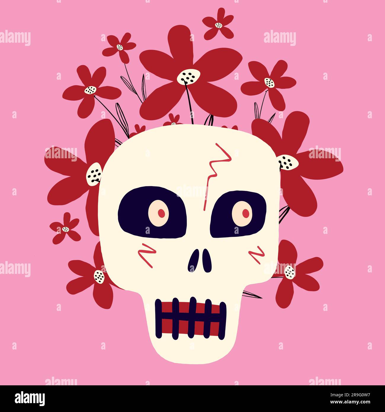 Cute creepy skull with flowers. Halloween Illustration in a modern childish hand-drawn style Stock Vector