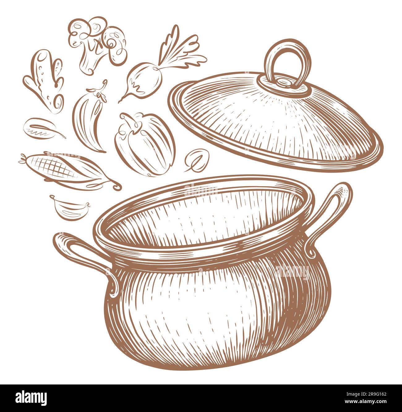 Saucepan and vegetables. Cooking healthy food concept. Kitchen pot