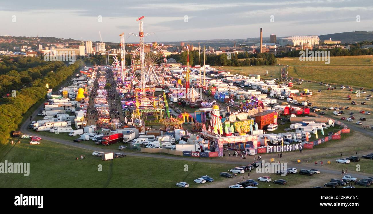 Newcastle upon Tyne, 24 June 2023.  Aerial view of the Hoppings held annually on the Town Moor, Newcastle upon Tyne. Credit: Colin Edwards Stock Photo