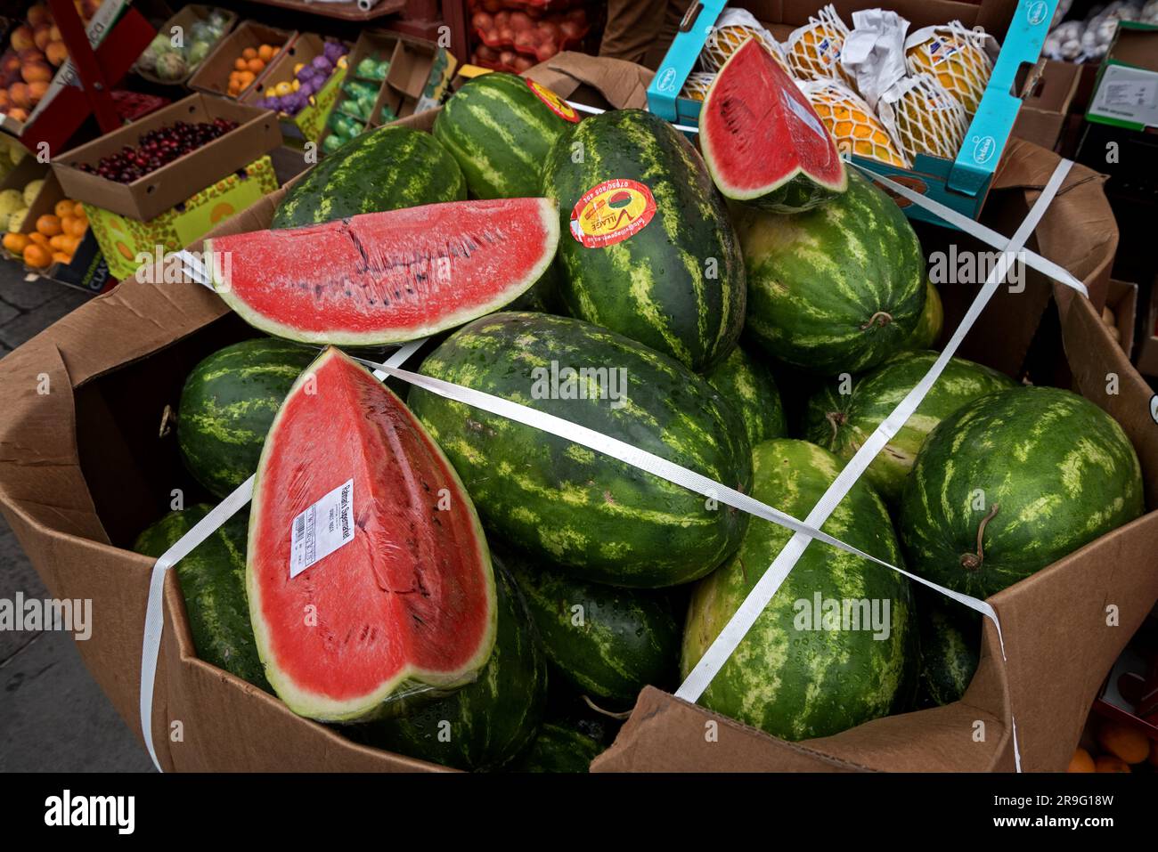 Watermelons on sale outside a convenience store on Nicolson Street