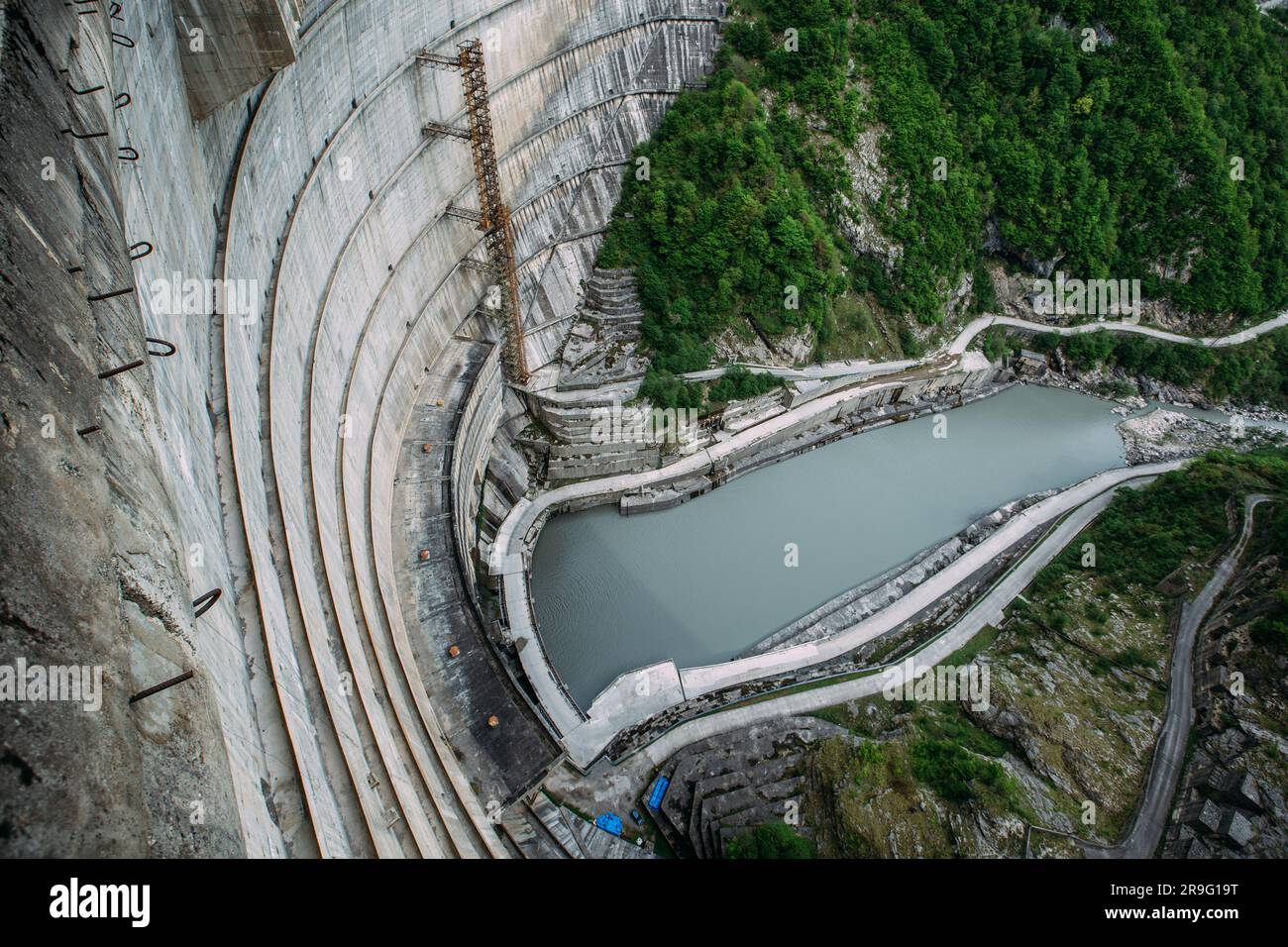 Dam of Enguri hydroelectric power plant in aerial view Stock