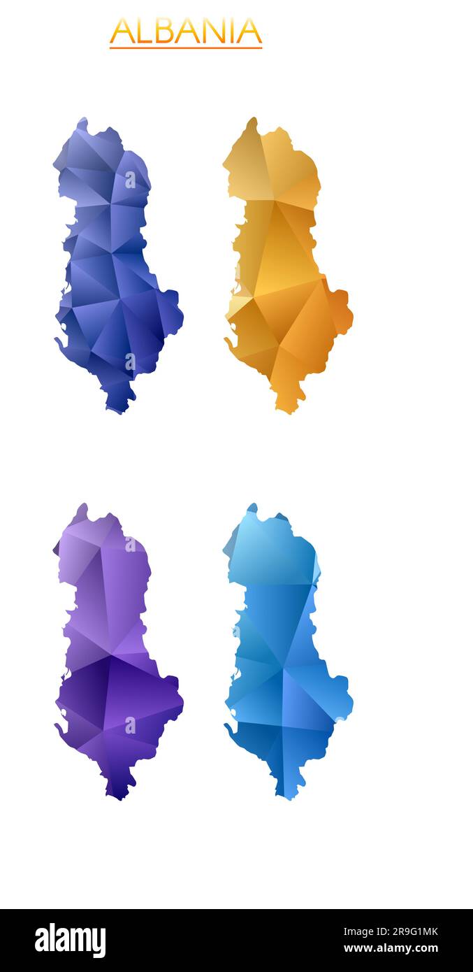 Set of vector polygonal maps of Albania. Bright gradient map of country in low poly style. Multicolored Albania map in geometric style for your infogr Stock Vector