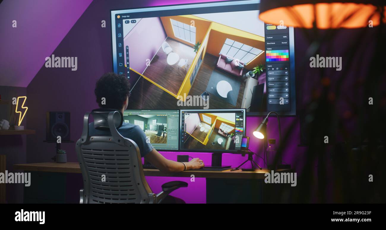 Young 3D designer creates modern house interior, works on design ...