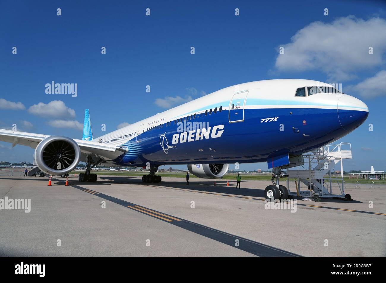 A Boeing 777-9, commercial jet sits on the tarmac during a layover at St. Louis-Lambert International Airport in St. Louis on Monday, June 26, 2023. The 777-9 is the only Boeing commercial airplane with St. Louis- made parts on the aircraft. Boeing employees will spend the day touring the aircraft, seeing it for the first time since production began. Boeing employees in St. Louis produce the 777-9's folding wing tip, moveable trailing edge and fixed leading edge on the wings, as well as the rudder and elevator on the empennage. Photo by Bill Greenblatt/UPI Stock Photo